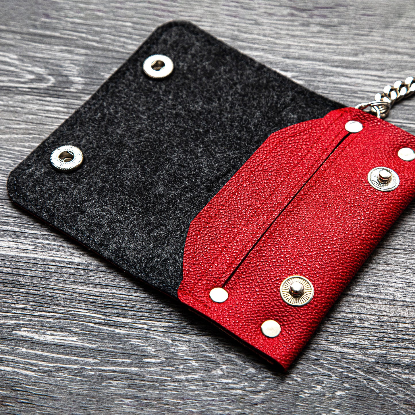 Handcrafted Biker Wallet with Detachable Chain - Cruelty-Free and Fashionably Functional - Red Faux Leather