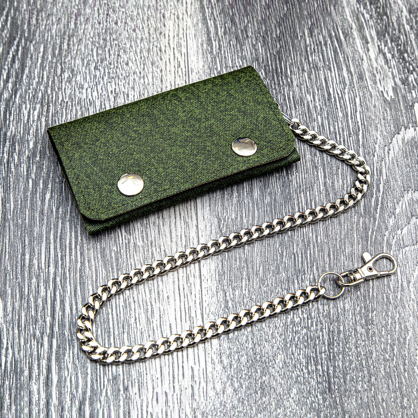 Handcrafted Biker Wallet with Detachable Chain - Cruelty-Free and Fashionably Functional - Olive Green Faux Leather
