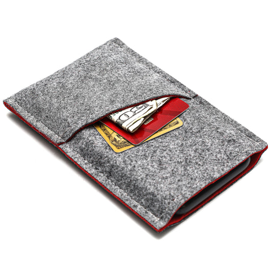Premium Felt iPhone Sleeve with Card Pocket - Grey & Red