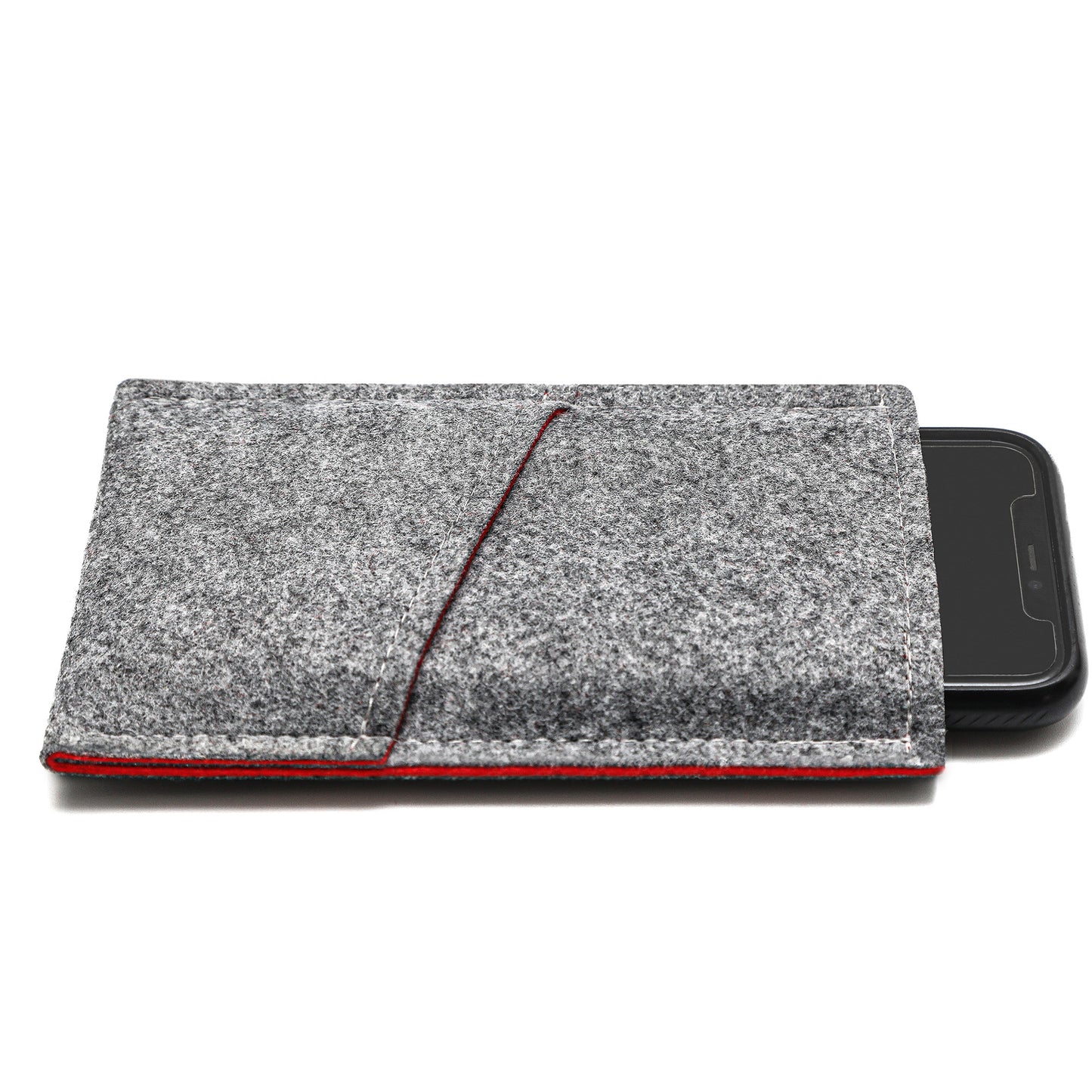 Premium Felt iPhone Sleeve with Card Pocket - Grey & Red