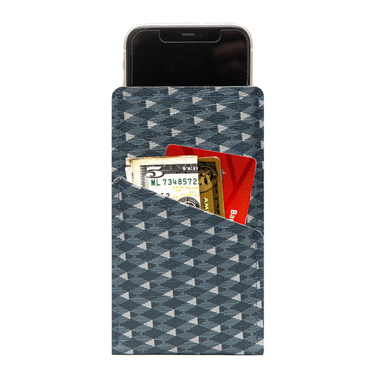 Modern Faux Leather iPhone Sleeve with Blue and Grey Triangle Pattern Design and Card Pocket