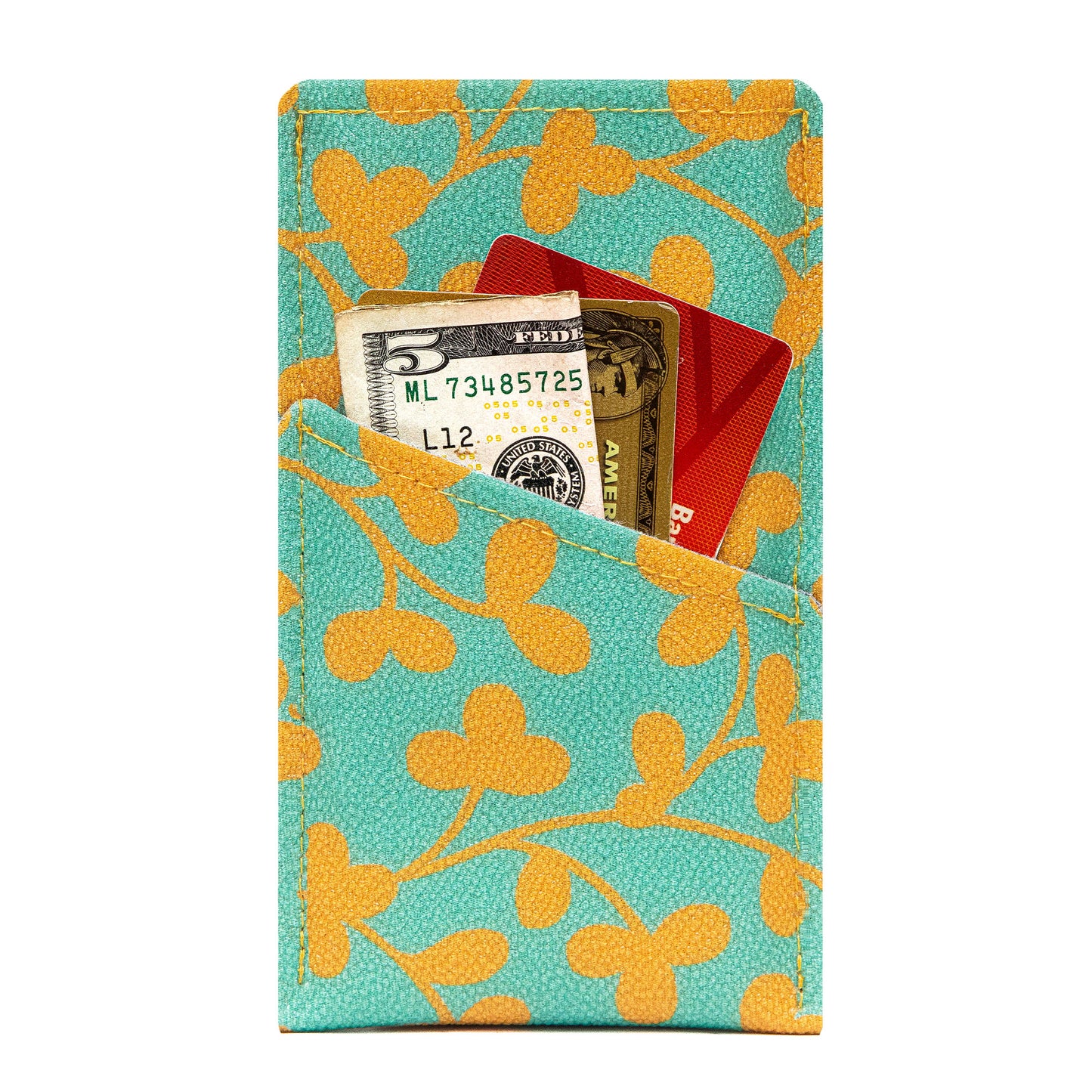 Modern Faux Leather iPhone Sleeve with Teal and Yellow Leaf Pattern Design and Card Pocket