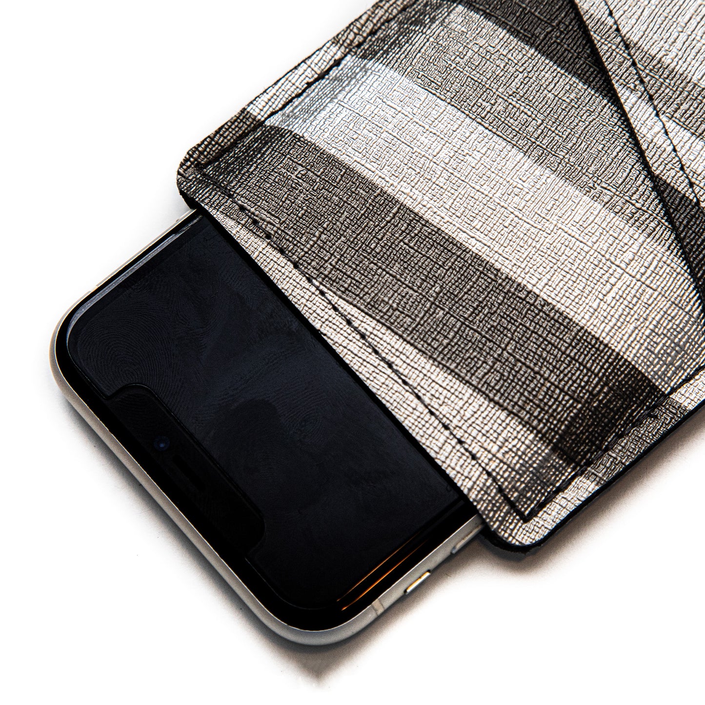 Modern Faux Leather iPhone Sleeve with Silver and Grey Patterned Design and Card Pocket