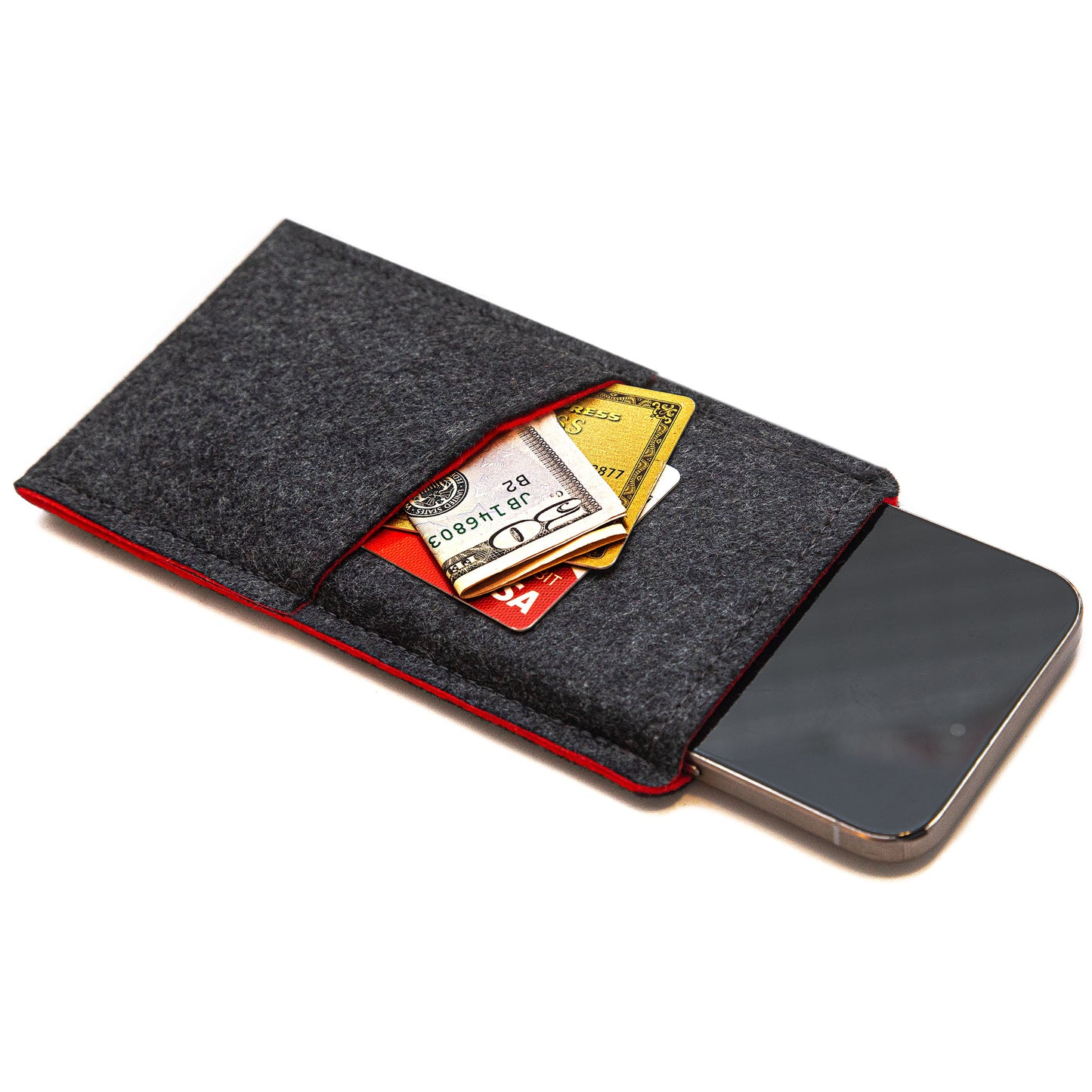 Premium Felt iPhone Sleeve with Card Pocket - Charcoal Gray & Red