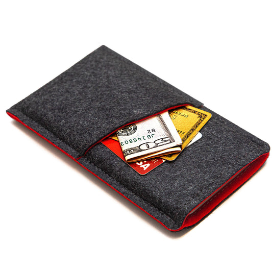 Premium Felt iPhone Sleeve with Card Pocket - Charcoal Gray & Red