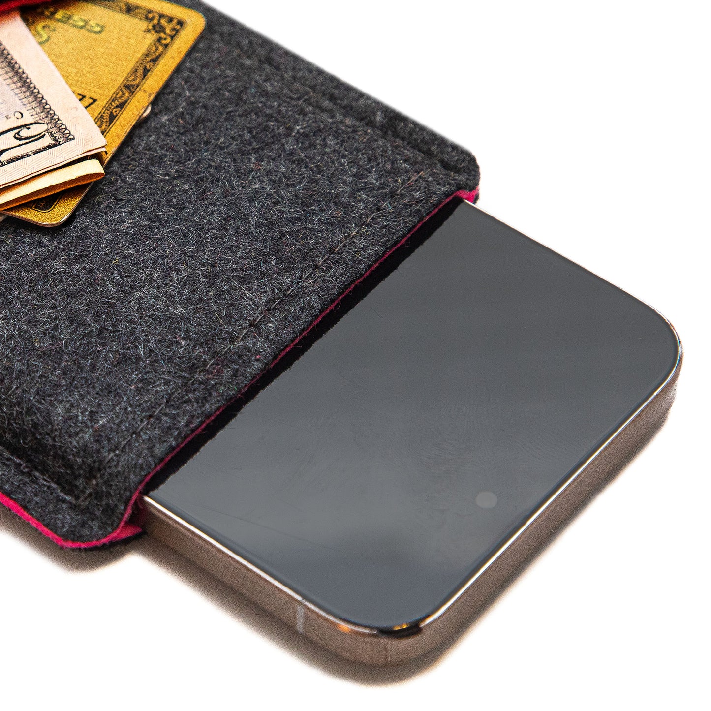 Premium Felt iPhone Sleeve with Card Pocket - Charcoal & Pink