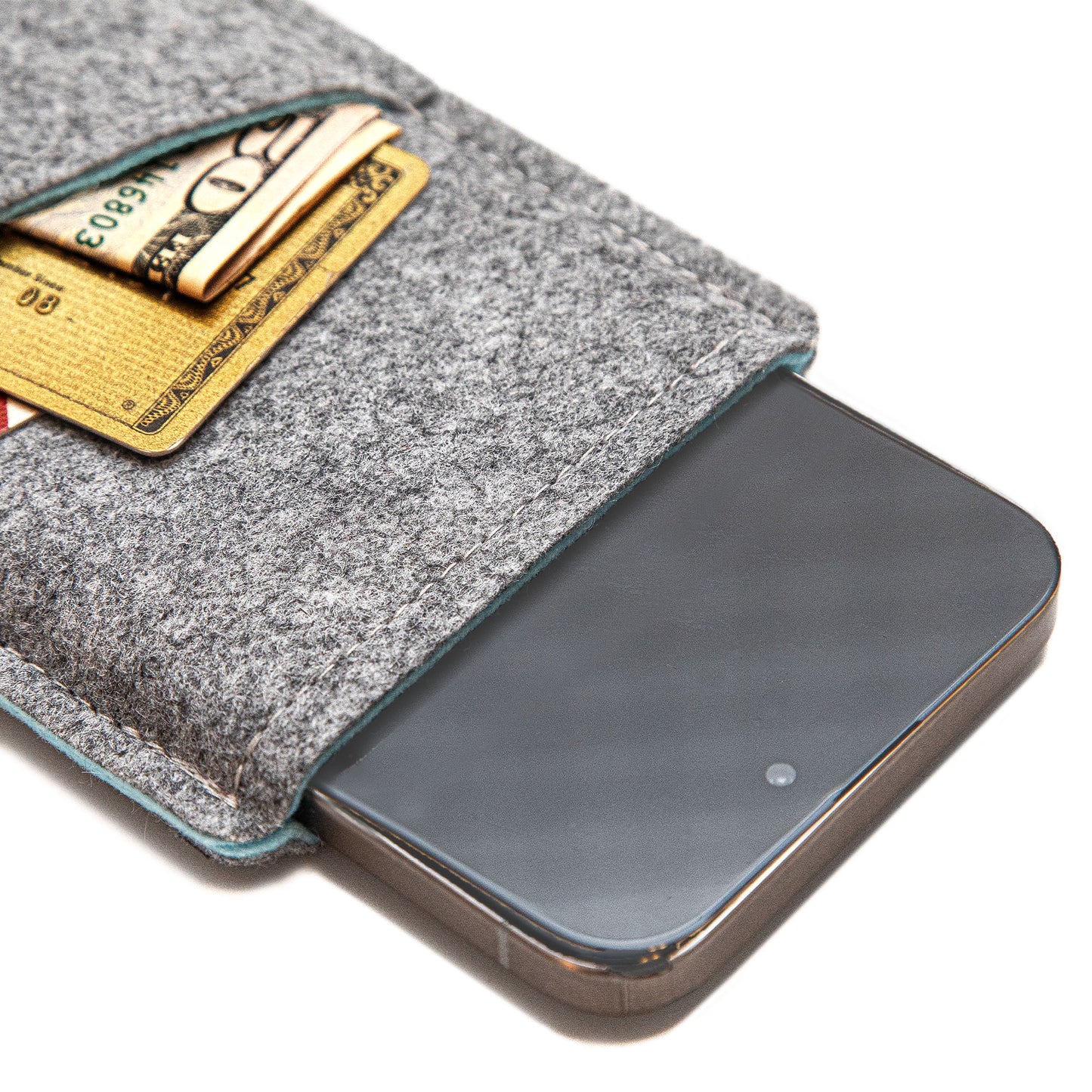 Premium Felt iPhone Sleeve with Card Pocket - Grey & Sky Blue