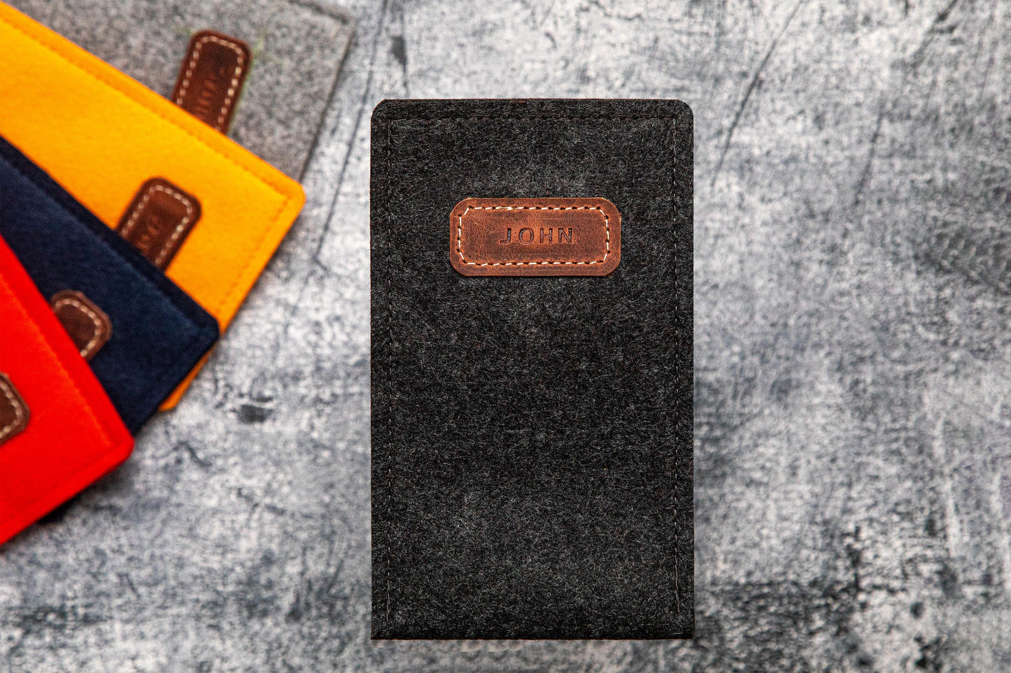 Personalized Felt & Leather iPhone Sleeve: Charcoal Black Classic