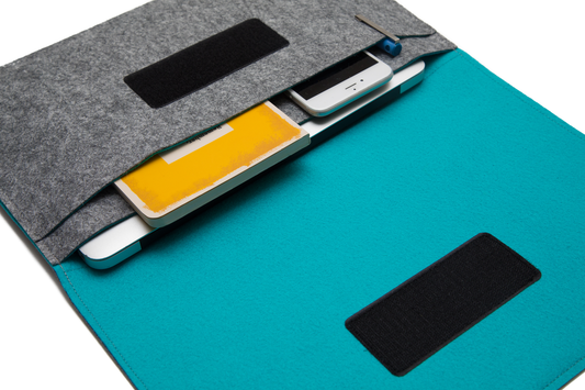 Handmade MacBook Cover with Accessories Pocket: Grey & Turquoise