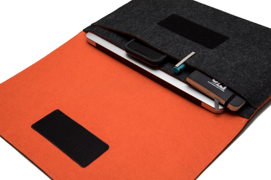 Handmade MacBook Cover with Accessories Pocket: Charcoal & Orange