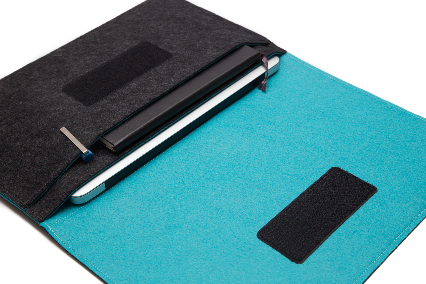 Handmade MacBook Cover with Accessories Pocket: Charcoal & Turquoise
