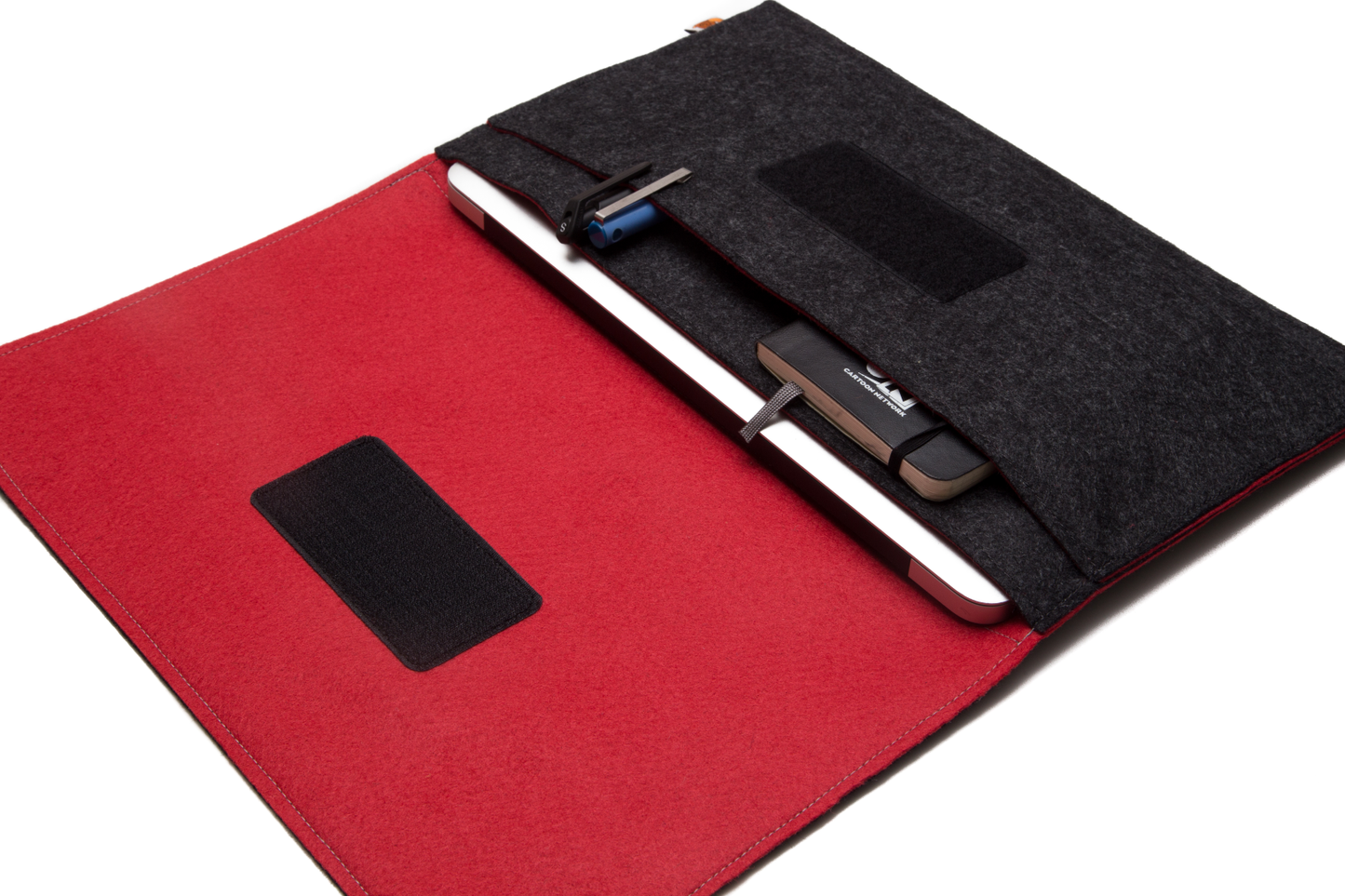 Handmade MacBook Cover with Accessories Pocket: Charcoal & Red