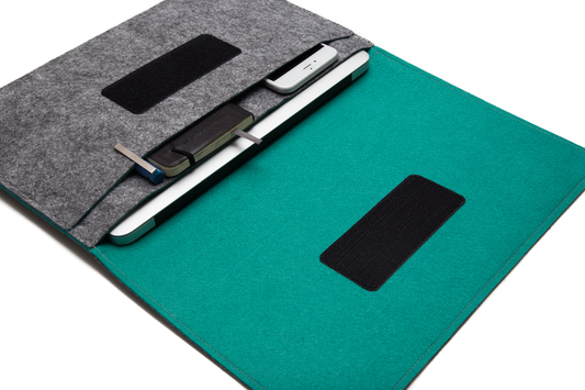 Handmade MacBook Cover with Accessories Pocket: Grey & Teal