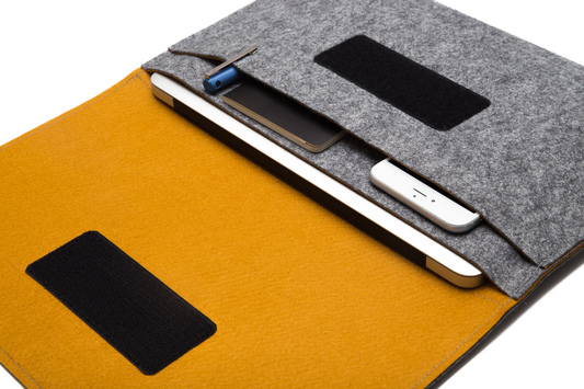 Handmade MacBook Cover with Accessories Pocket: Grey & Mustard