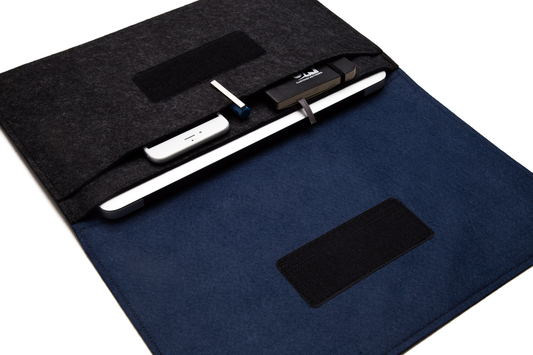 Handmade MacBook Cover with Accessories Pocket: Charcoal & Navy