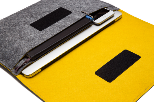Handmade MacBook Cover with Accessories Pocket: Grey & Yellow