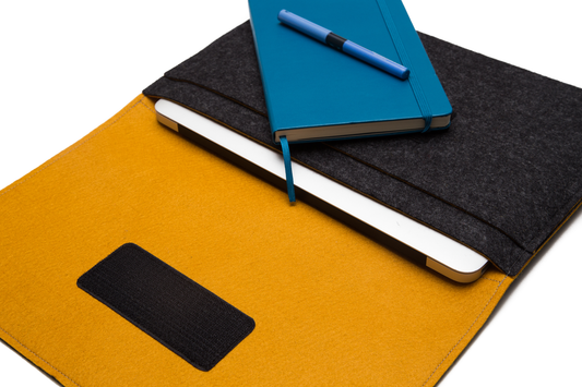 Handmade MacBook Cover with Accessories Pocket: Charcoal & Mustard