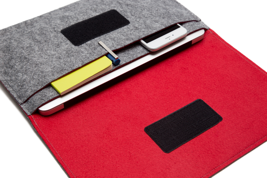 Handmade MacBook Cover with Accessories Pocket: Grey & Red