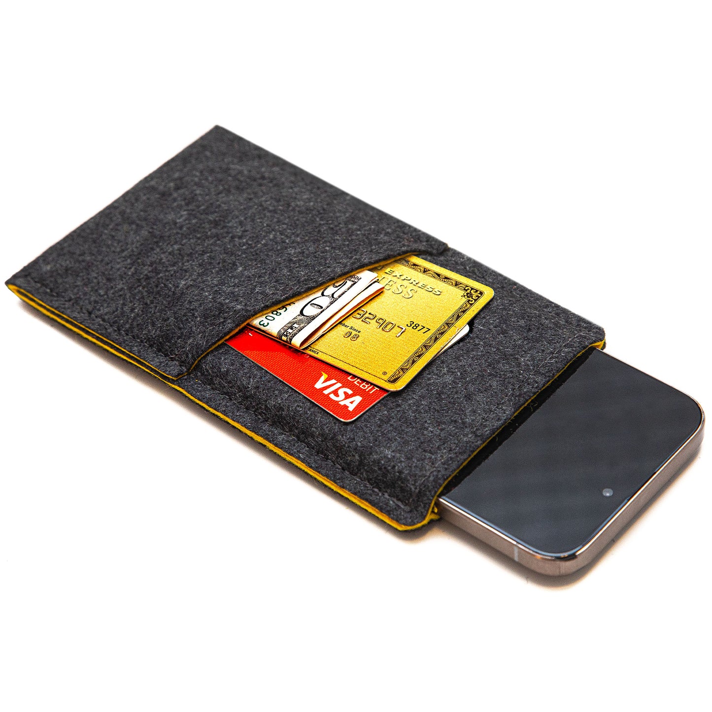 Premium Felt iPhone Sleeve with Card Pocket - Charcoal Gray & Yellow