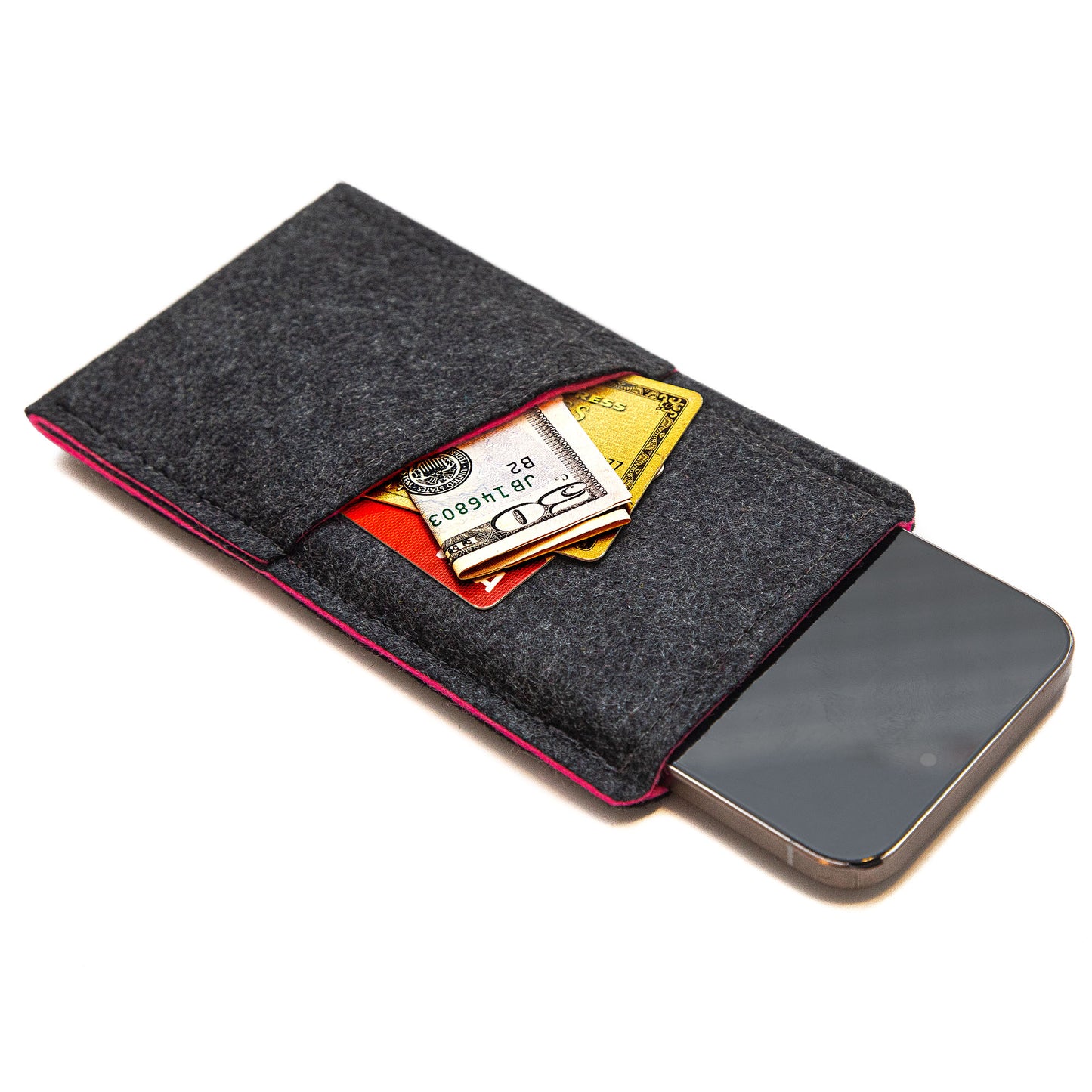 Premium Felt iPhone Sleeve with Card Pocket - Charcoal & Pink