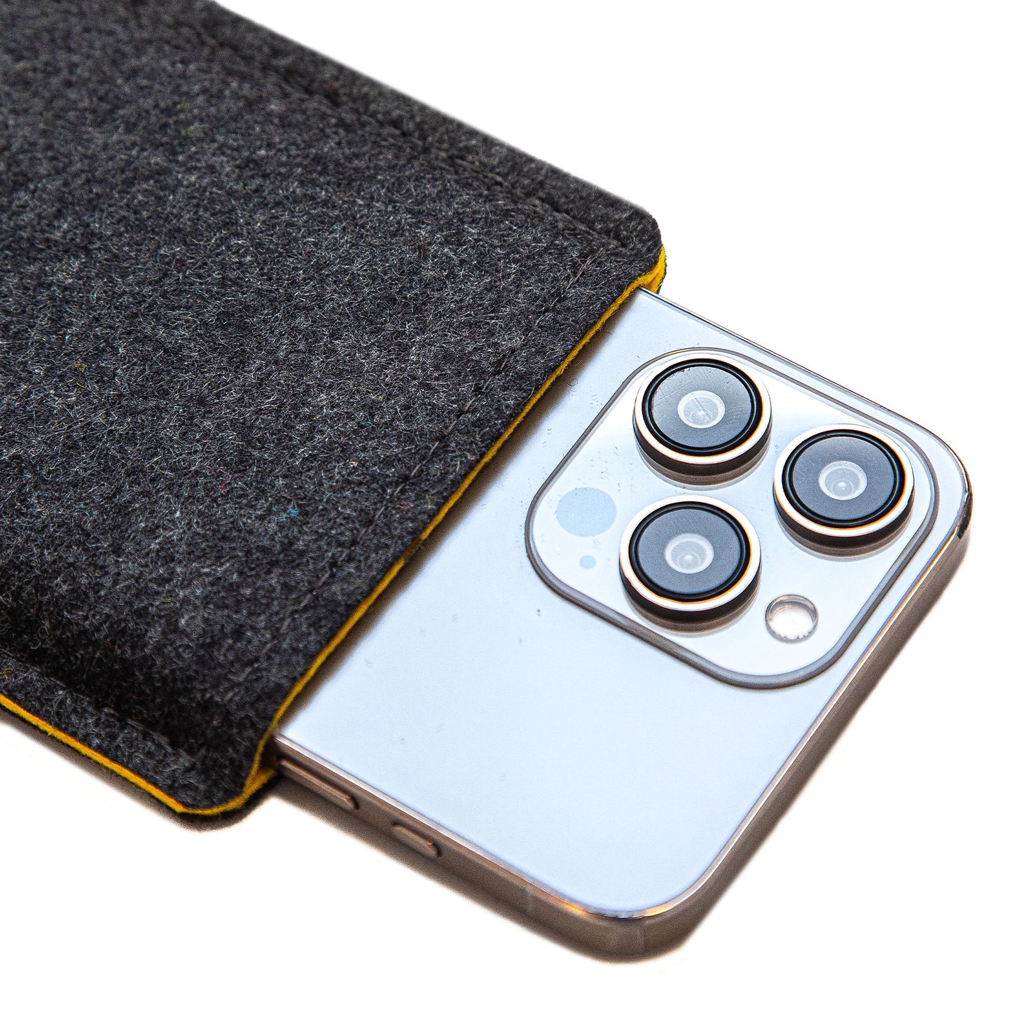 Premium Felt iPhone Sleeve with Card Pocket - Charcoal Gray & Yellow