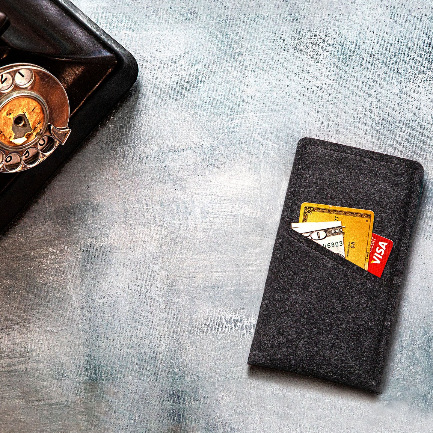 Premium Felt iPhone Sleeve with Card Pocket - Charcoal & Orange